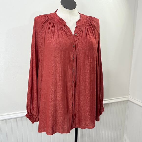 Democracy Size 3X Peasant Top Button Up Long Sleeve Paisley Orange Boho Fall - Picture 1 of 16